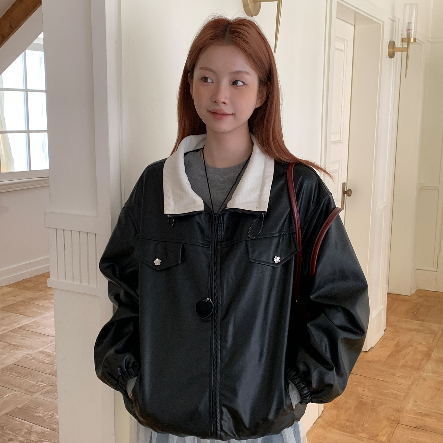 尺尺间Lsland韩系复古撞色立领抽绳皮衣外套女秋冬新款宽松上衣