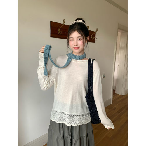 尺间Lsland韩系镂空拼接长袖t恤女秋新款温柔风宽松内搭打底上衣