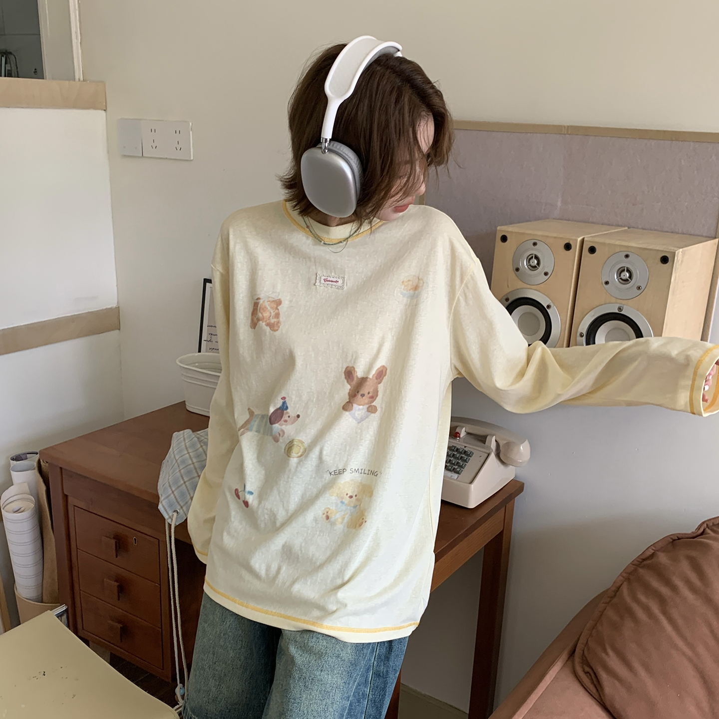 尺尺间Lsland韩系印花防晒上衣女夏季新款轻薄透气圆领长袖t恤女