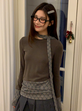 尺尺间Lsland 韩系复古格纹拼接长袖t恤女春秋新款修身显瘦上衣