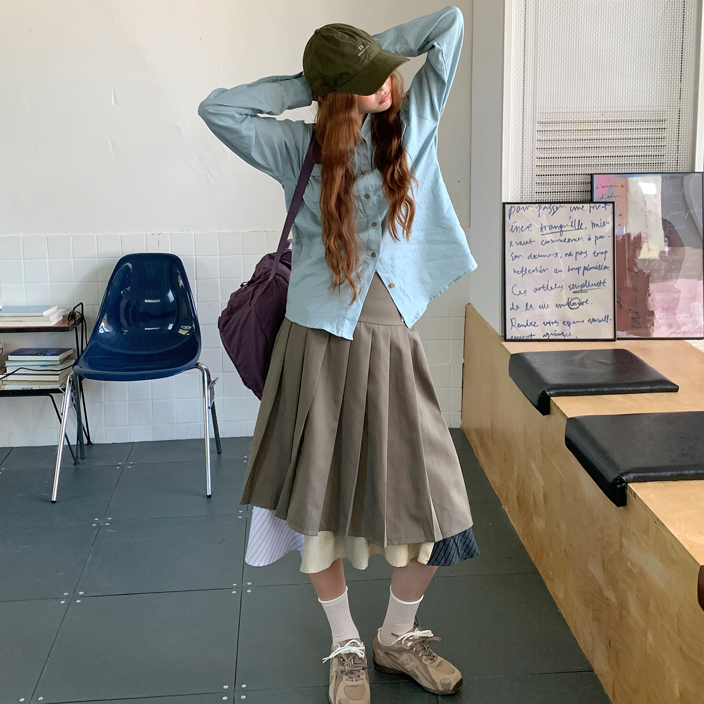 尺尺间Lsland  韩系假两件百褶半身裙女秋季新款设计感撞色短裙