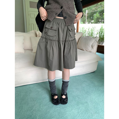尺尺间Lsland韩系松紧腰木耳边半身裙女秋季新款a字休闲工装半裙