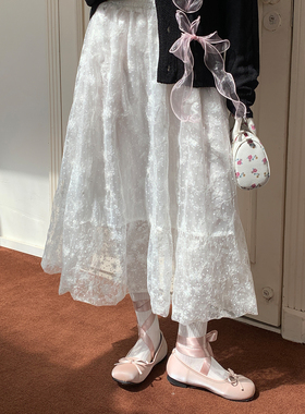 尺尺间Lsland韩系白色蕾丝半身裙女秋新款设计感a字显瘦中长半裙