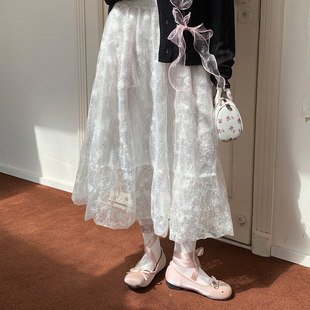 尺尺间Lsland韩系白色蕾丝半身裙女秋新款 设计感a字显瘦中长半裙
