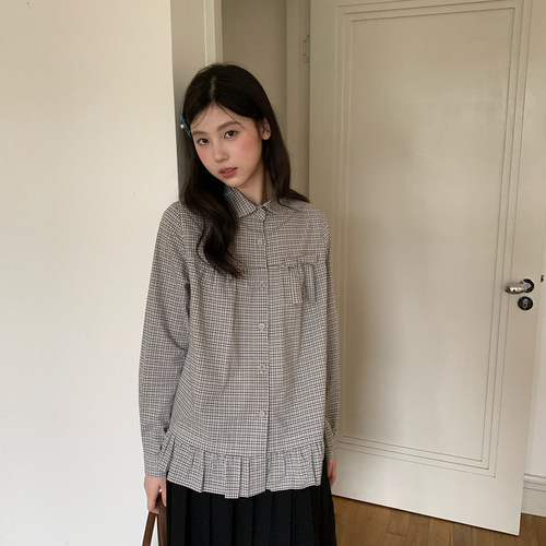 尺尺间Lsland韩系复古翻领格纹长袖衬衫女秋新款下摆花边宽松衬衣