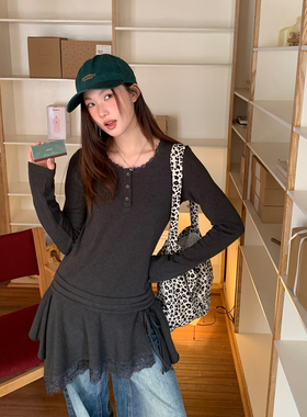 尺尺间Lsland韩系复古拼接蕾丝长袖中长t恤女春秋款叠穿修身上衣