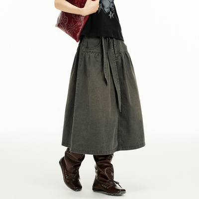 尺尺间Lsland韩系复古水洗刺绣半身裙女夏季新款褶皱a字宽松长裙