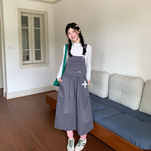 尺尺间Lsland复古工装水洗背带裙女秋季新款宽松休闲a字连衣长裙