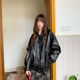 尺尺间Lsland 韩系复古皮衣夹克外套女秋冬新款设计感宽松上衣