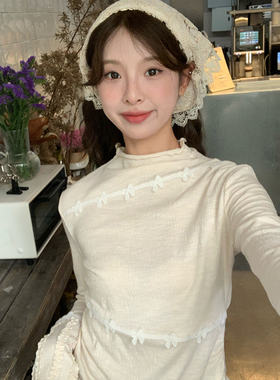 尺尺间Lsland小高领长袖t恤女秋冬新款花边修身显瘦内搭打底衫