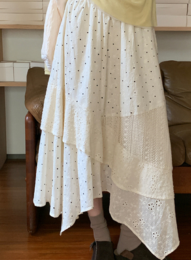 尺尺间Lsland重工绣花多层拼接半身裙女秋季新款松紧腰设计感长裙