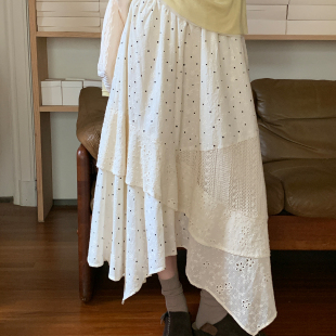 尺尺间Lsland重工绣花多层拼接半身裙女秋季 松紧腰设计感长裙 新款