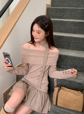 尺尺间Lsland韩系格纹拼接一字肩长袖连衣裙女秋冬新款收腰短裙