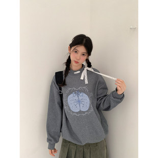尺尺间Lsland韩系印花蕾丝系带卫衣女秋冬新款宽松休闲加绒上衣