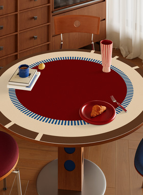 新年红色圆桌垫中古包豪斯高级感防水防油圆形茶几保护垫皮革桌布