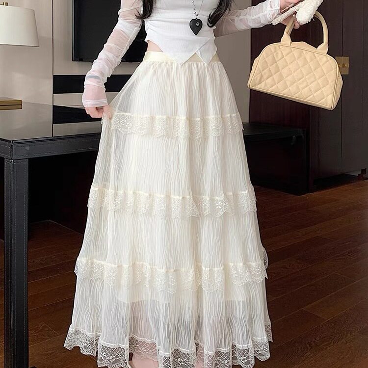 松紧腰杏色蕾丝花边半身裙女夏季层次感蛋糕网纱裙甜美百搭A字裙,女装/女士精品,半身裙,淘宝优惠券,粉丝福利购,淘宝优惠卷