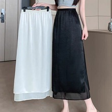 网纱拼接开叉直筒半身裙女夏季醋酸缎面高腰白色包臀裙百搭a字裙