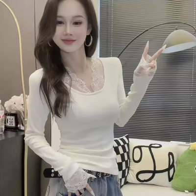 白色纯欲U领德绒秋冬T恤女可外穿蕾丝打底衫内搭高级感修身上衣
