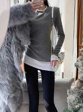 灰色德绒假两件磨毛内搭打底衫女秋冬新款中长款搭配鲨鱼裤上衣潮