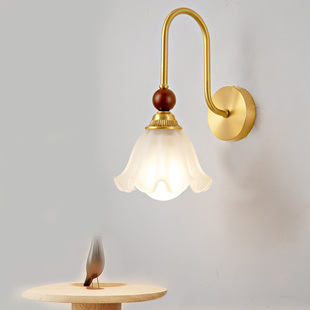 中古风全铜壁灯客厅背景墙卧室床头灯法式花朵带拉线开关主卧墙灯