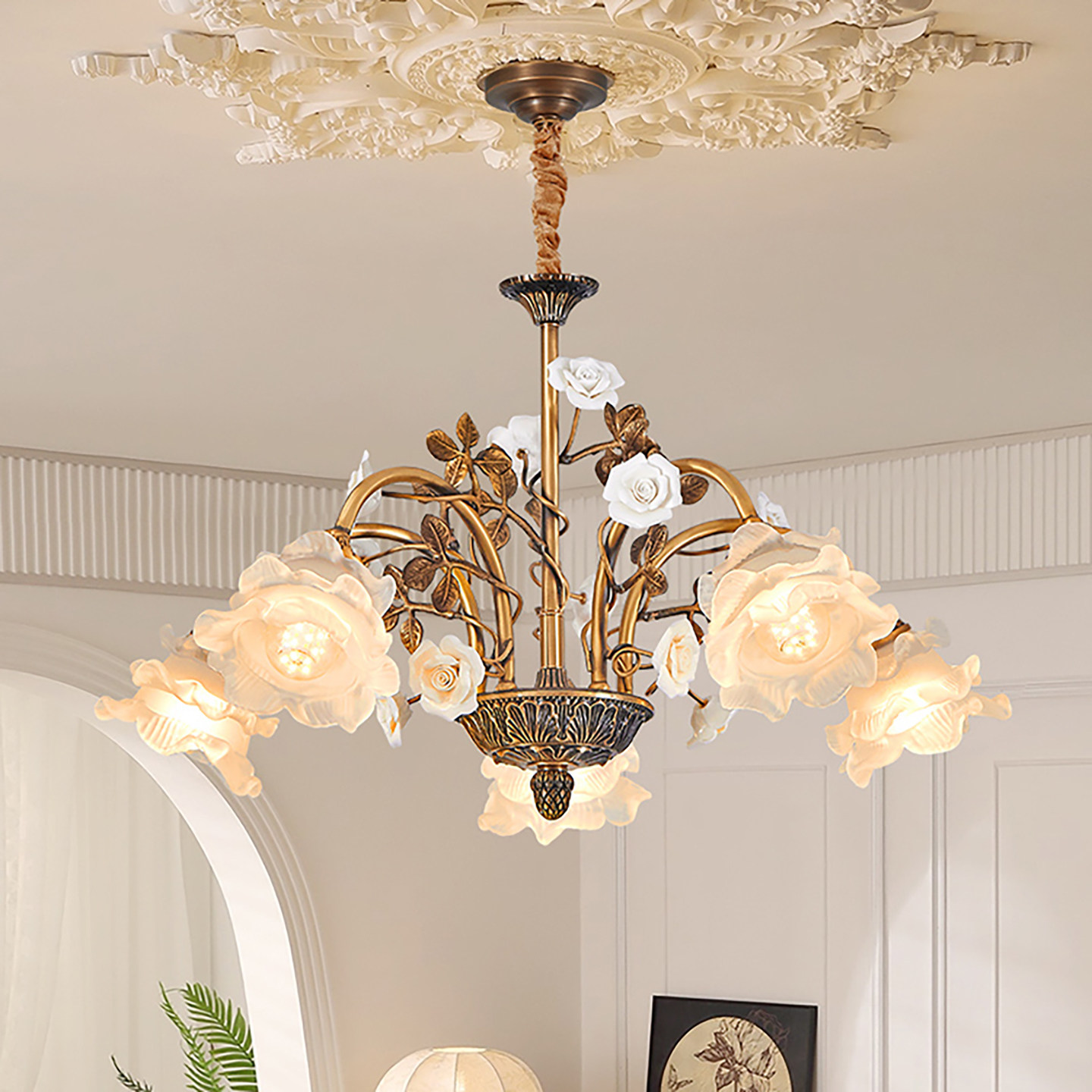 全铜吊灯法式田园餐厅卧室主灯复古女孩儿童房白色玫瑰花主卧灯具