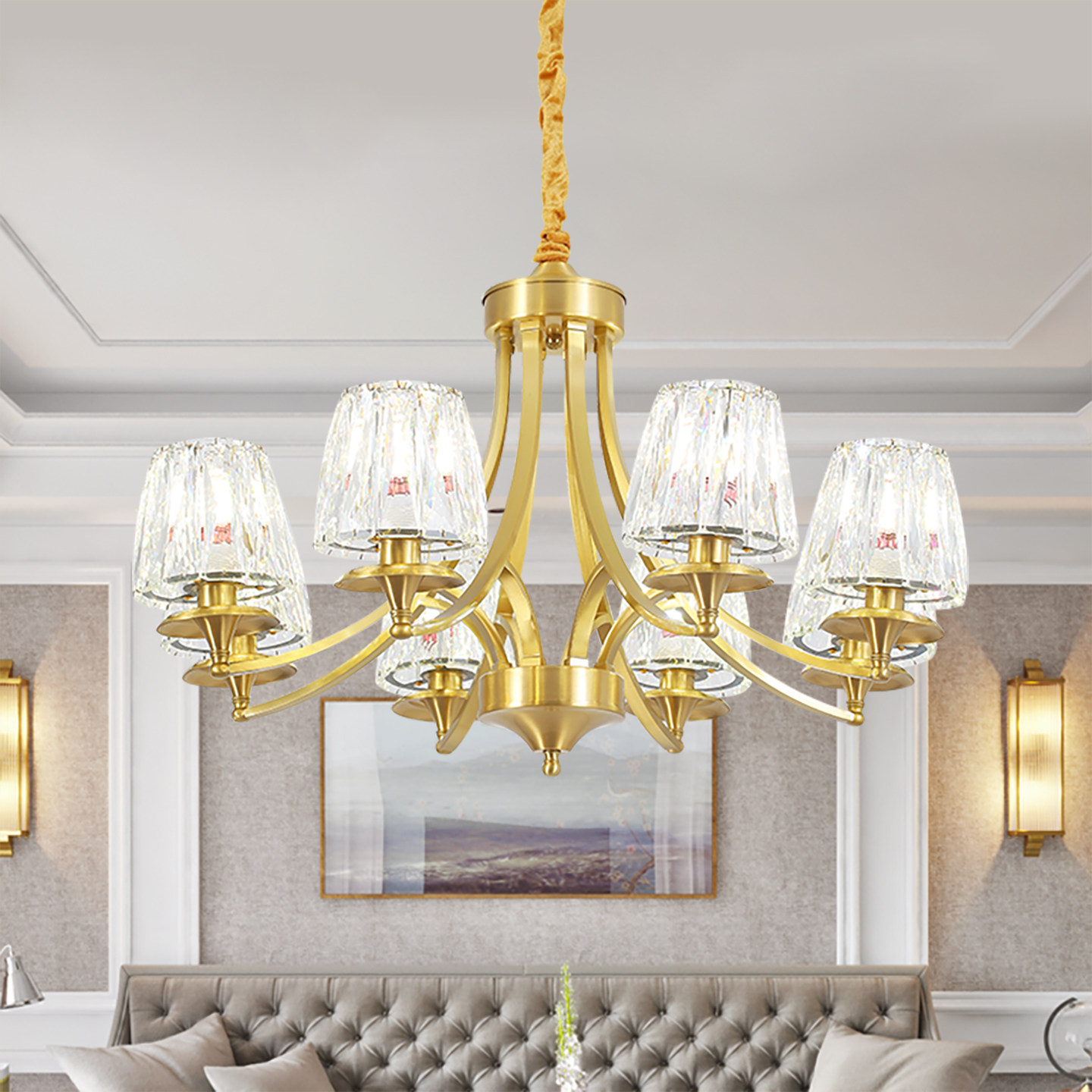 轻奢全铜吊灯美式乡村客厅卧室餐厅主灯大气水晶别墅法式主卧灯具