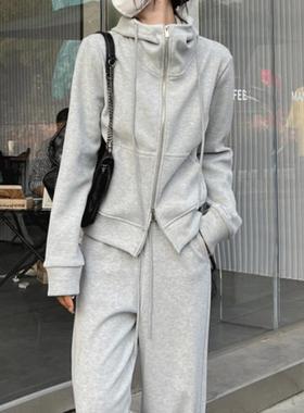 休闲运动套装女2024新款秋冬慵懒风宽松连帽灰色卫衣阔腿裤两件套
