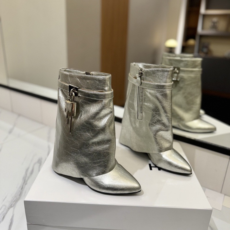 高板欧美坡跟金属皮带锁扣裤管靴女时尚潮流侧拉链增高显瘦鲨鱼靴