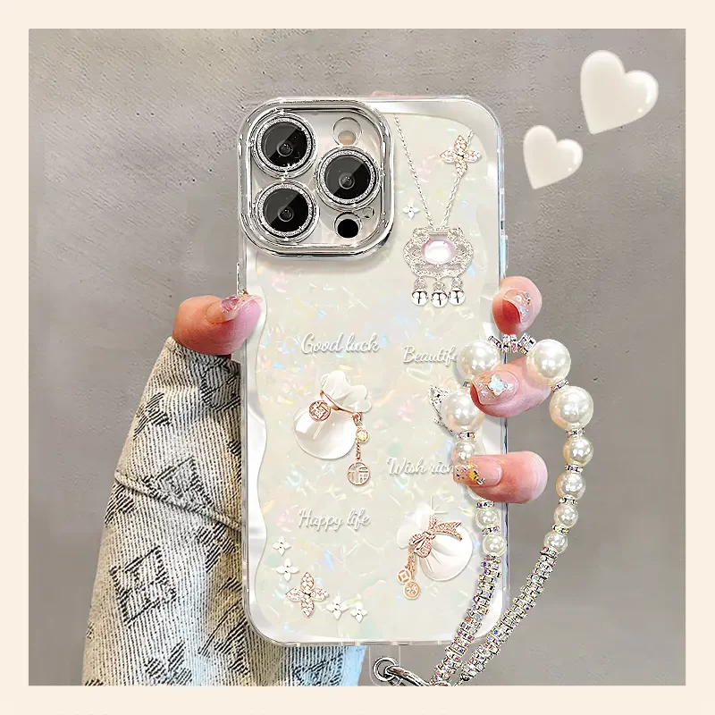水晶福袋手机壳苹果17promax华为vivo贝壳纹iPhone16pro小米15珍珠手链OPPO高级感轻奢女生p贝壳钻石挂绳适配