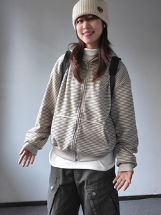 肥阿玛日系男女复古条纹连帽拉链卫衣宽松bf慵懒风百搭开衫外套