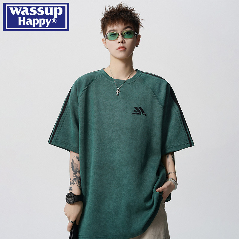 wassup happy条纹扎染短袖t恤男夏季重磅潮牌上衣复古宽松五分袖