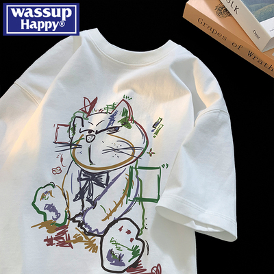 wassuphappy潮流百搭短袖T恤男