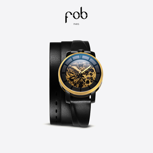FOB手表女款R360法式进口三层黑色薄皮革表带欧美机械腕表女