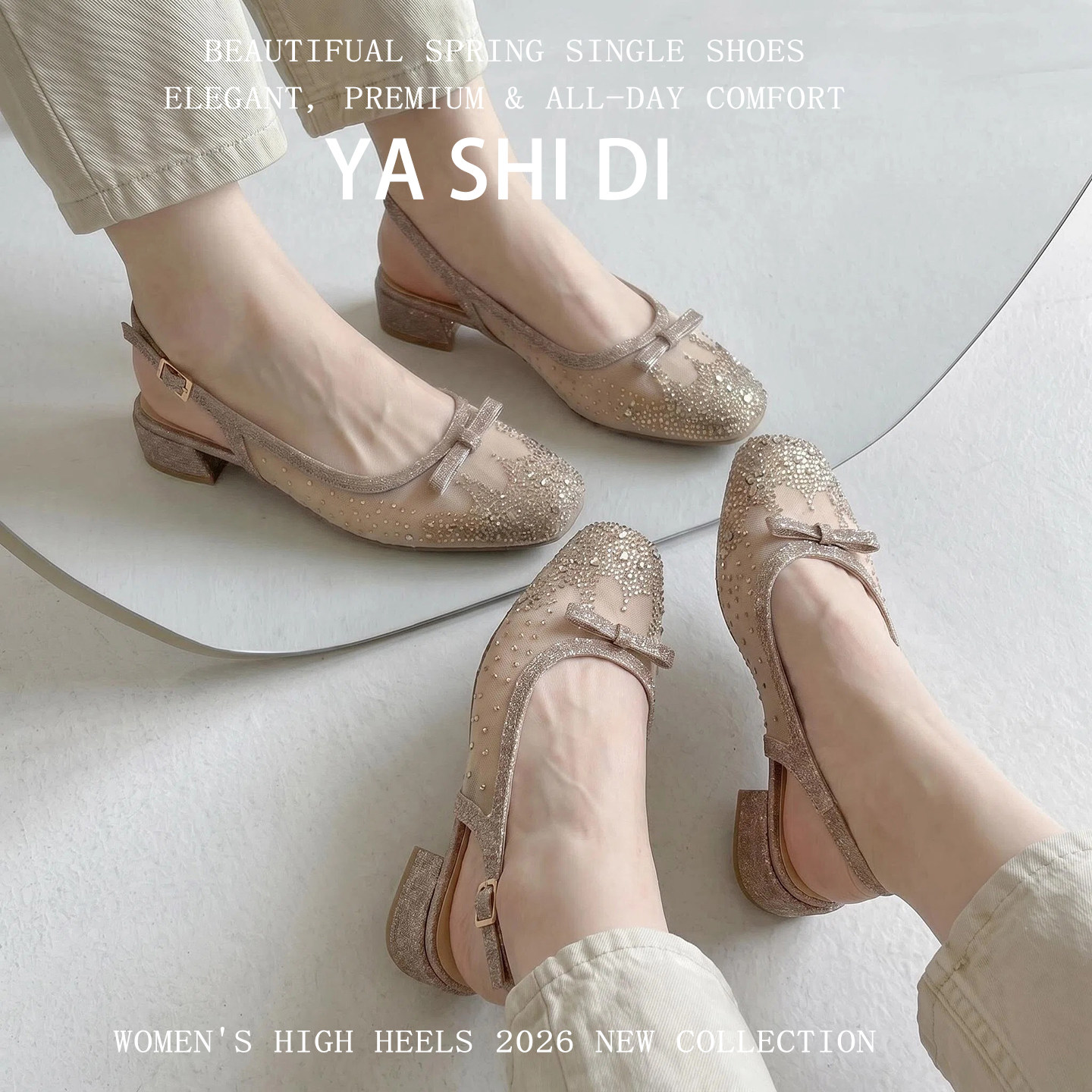 2026夏季爆款水钻蝴蝶结包头凉鞋女粗跟后空通勤单鞋不累脚仙女鞋