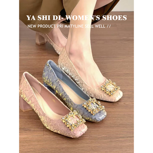 粗跟高跟鞋不累脚5cm职场通勤高跟鞋法式方头浅口水钻rv方扣单鞋