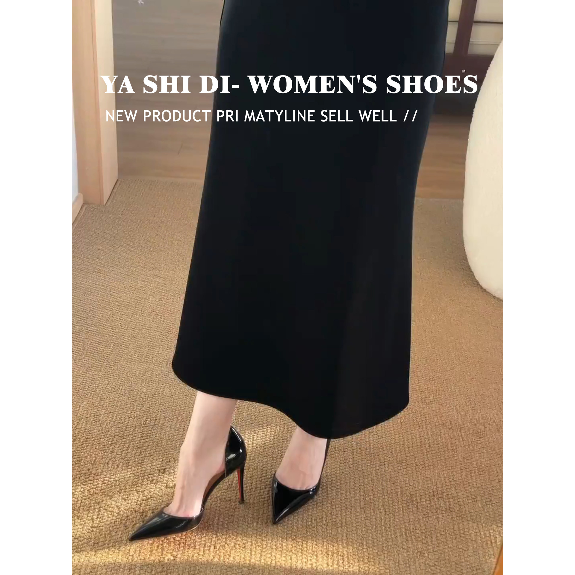 红底侧空浅口高跟鞋黑色漆皮细跟法式千金风御姐气质高跟鞋尖头