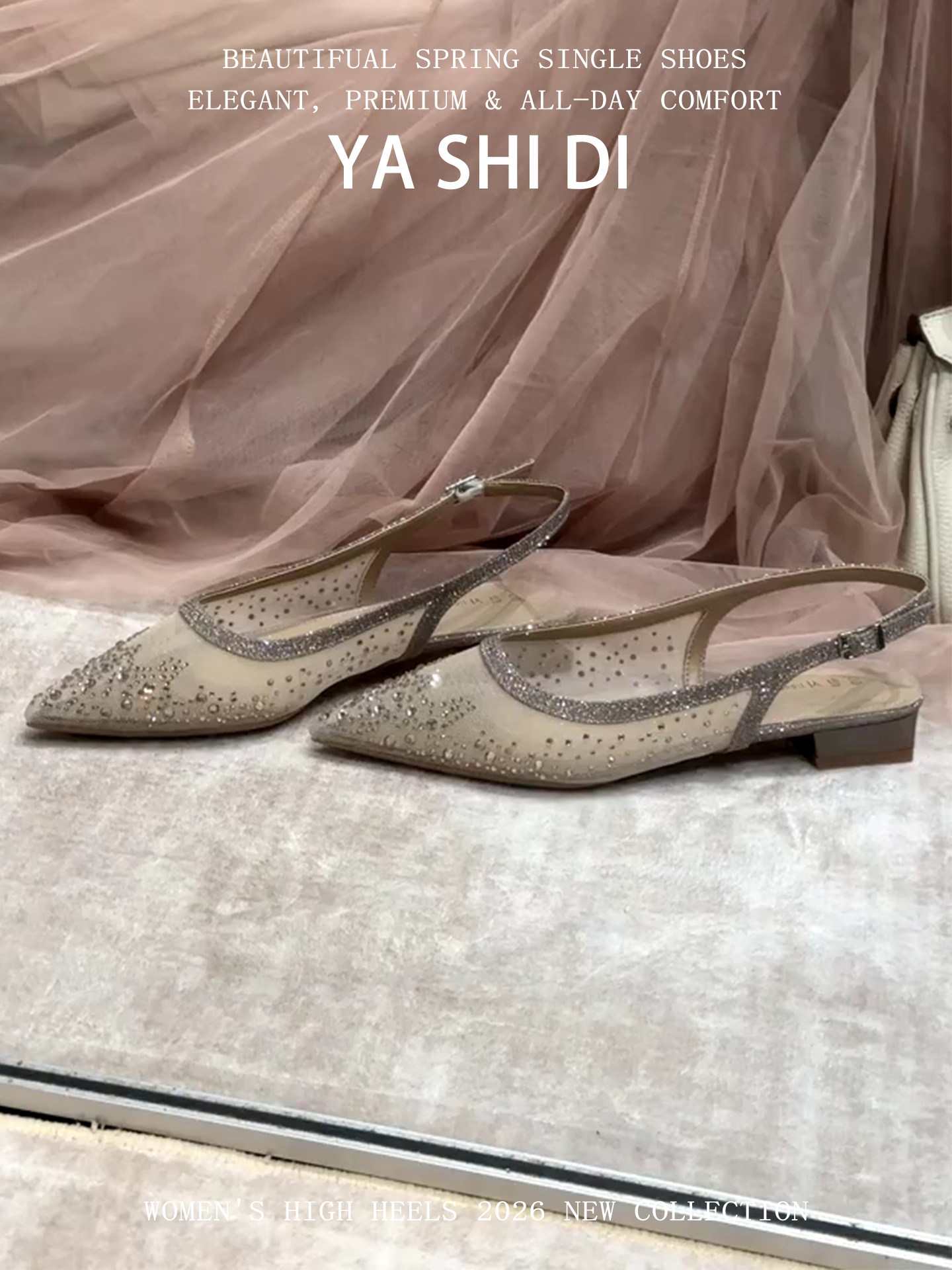 Qadın üçün bağlı barmaqlı ayaqqabı, nazik daban, rhinestone bəzəkli