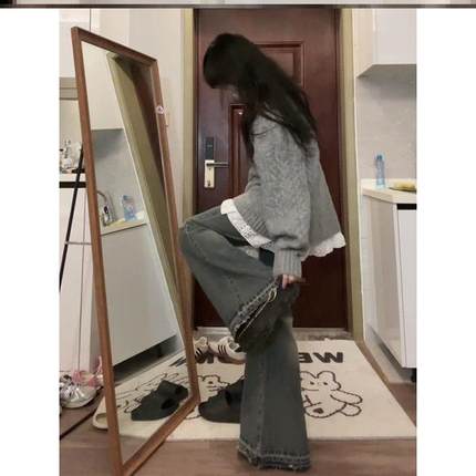 秋季新款套装女灰色v领毛衣慵懒风休闲宽松上衣