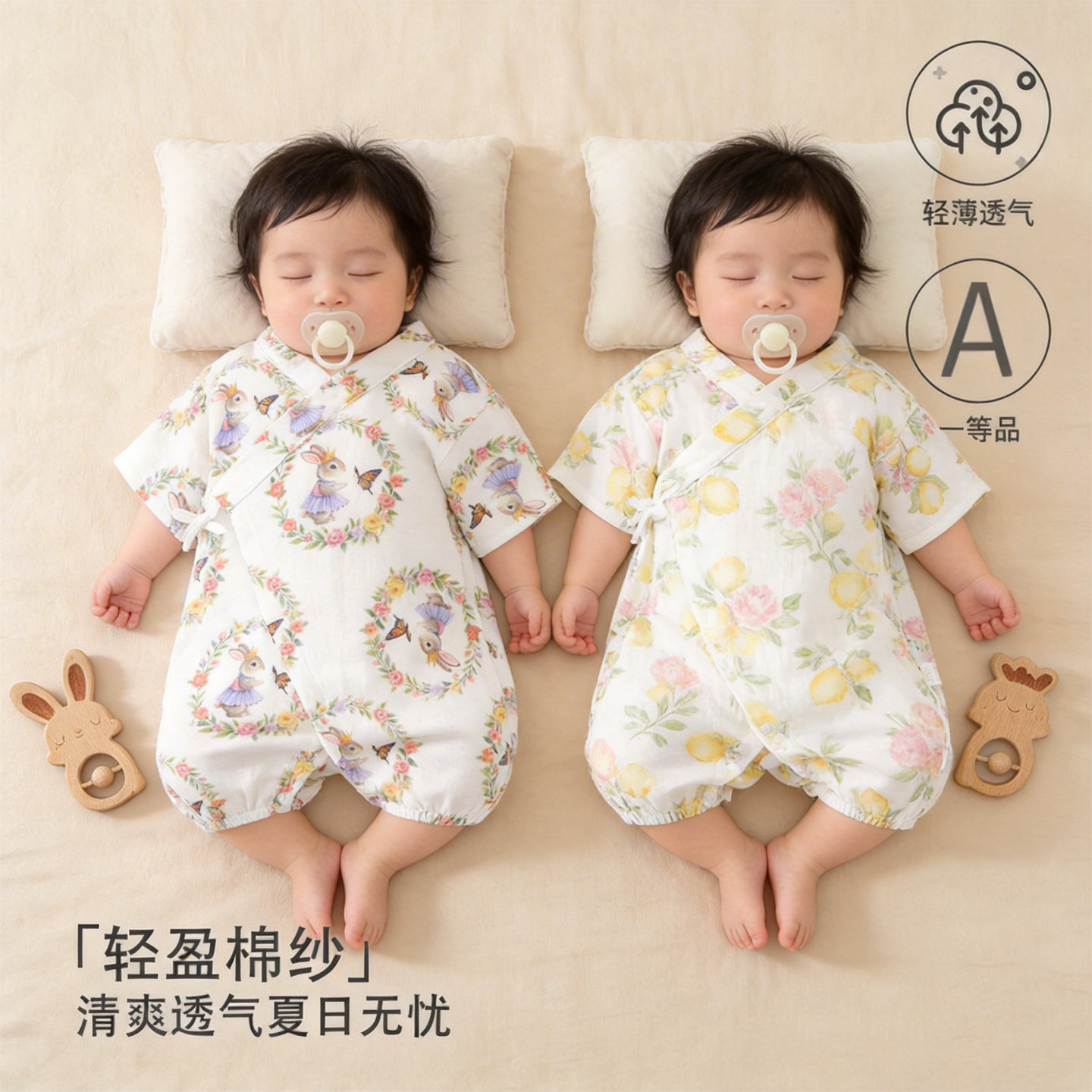 KIKOBABY婴儿连体衣纱棉动物印花夏短袖宝宝衣服和尚服双层纱爬服