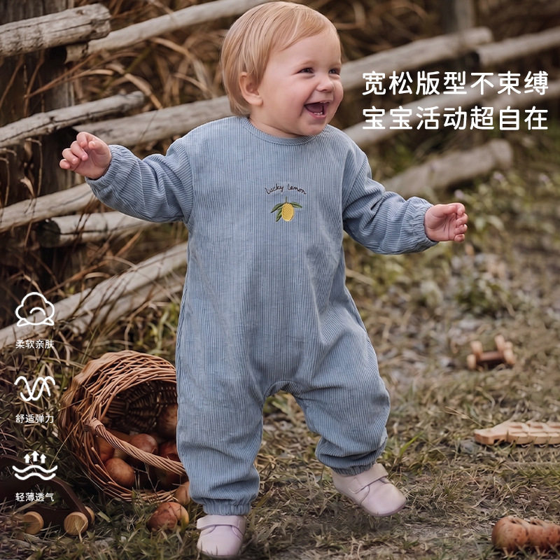 男女宝宝连体罩衣2026春秋季灯芯绒a类长袖长爬秋季防脏污外出服