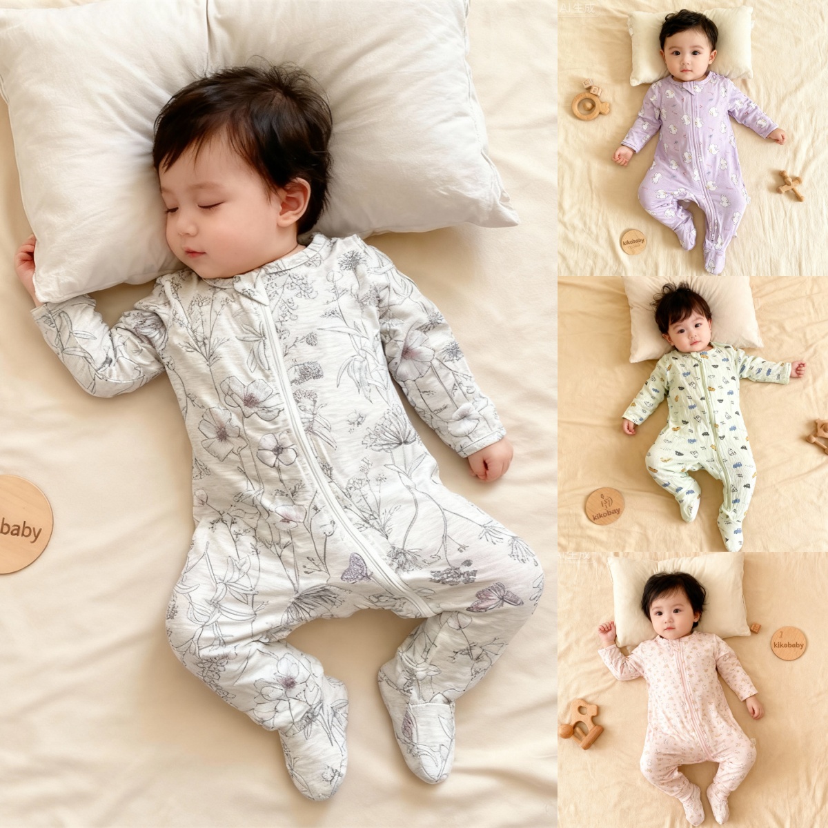 KIKOBABY婴儿家居服月子服柔软亲肤竹纤维包脚婴儿拉链爬服连体衣