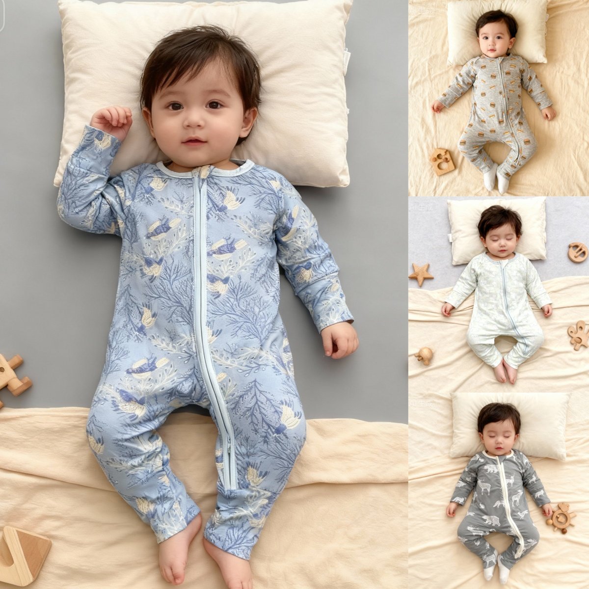 KIKOBABY婴儿竹纤维夏薄柔可包手脚可露手脚哈衣连体衣外出爬服
