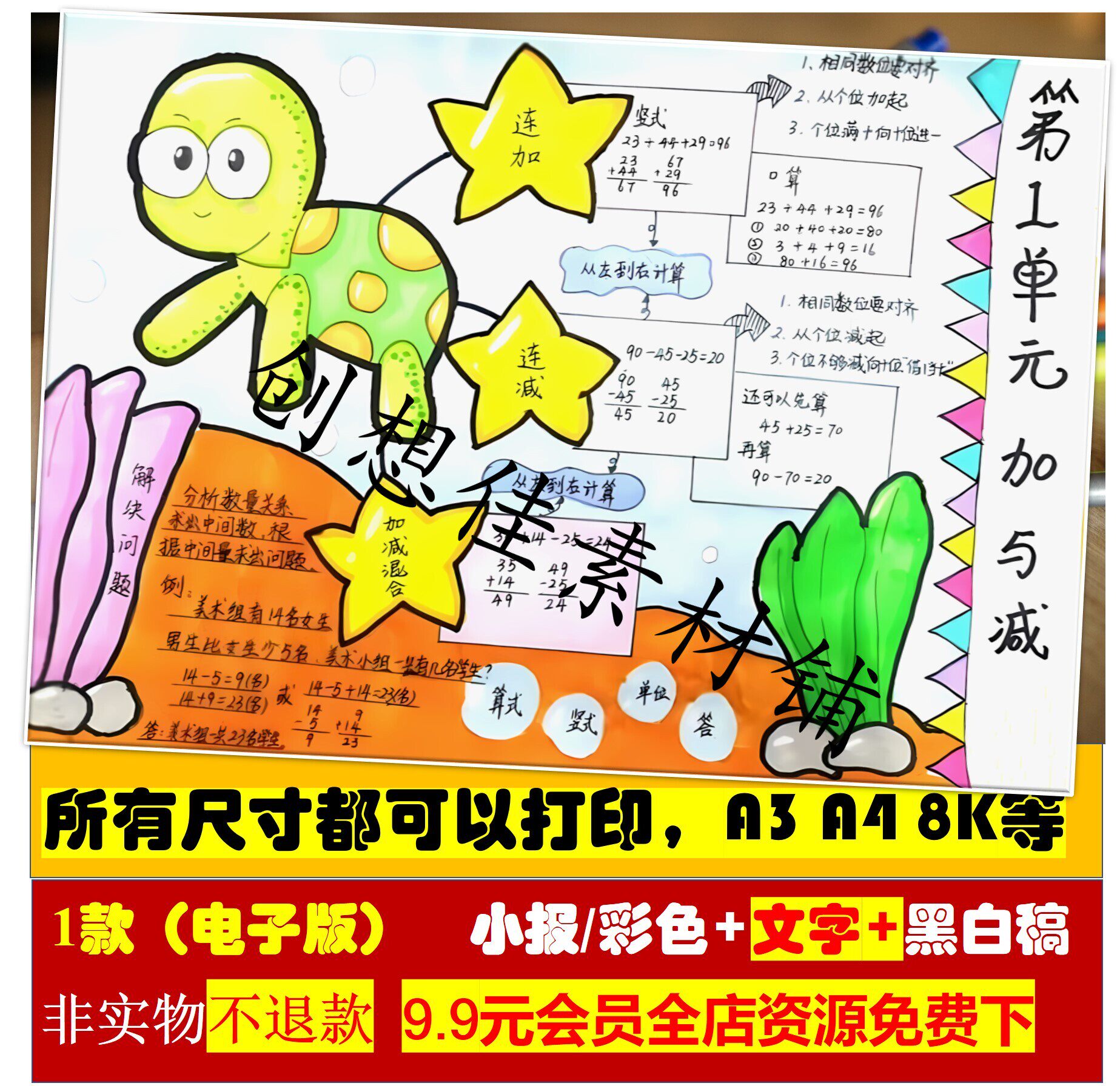 二年级上册数学手抄报模板小学生二年级第一单元加法减法手抄报a3