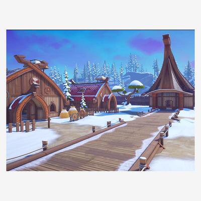 ue中世纪风格化维京村庄3d模型 雪地山石森林房屋船卡通场景1688