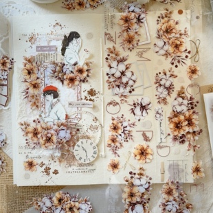 壹洱原创和纸胶带新品现货【木棉】轻复古棉花手帐pet贴纸 银莲花