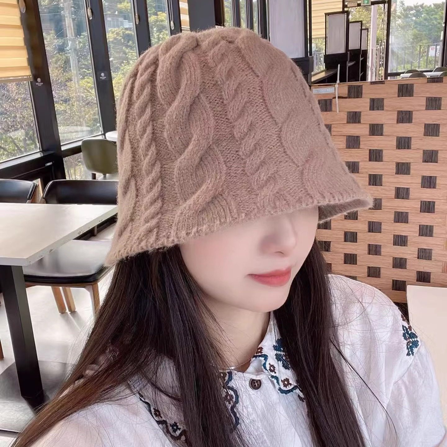 25年秋冬新款羊毛混纺毛线帽女韩国东大门代购复古麻花纹盆帽百搭