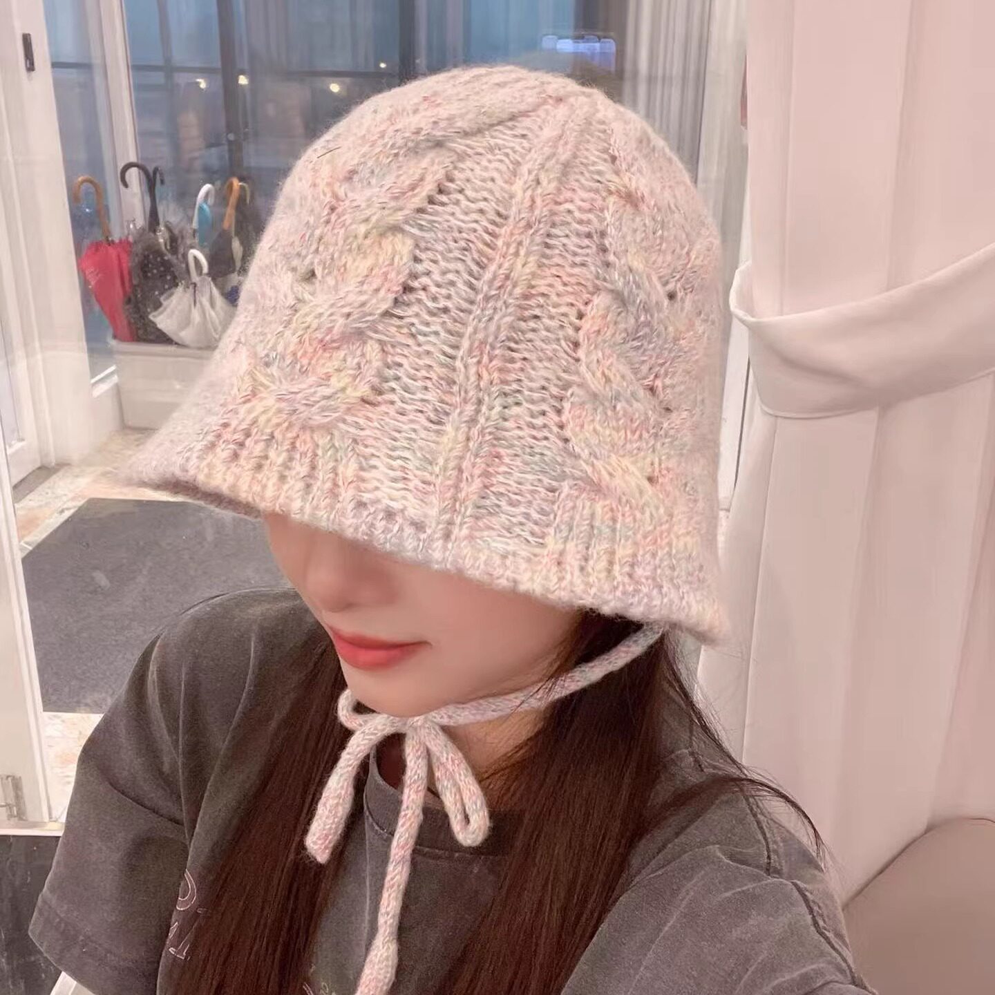 25年秋冬新款麻花纹毛线渔夫帽女韩国东大门代购系带保暖防寒帽潮