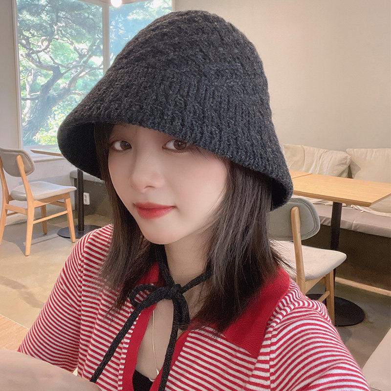 韩版羊毛混纺渔夫帽女秋冬小众设计麻花纹毛线系带盆帽韩国东大门