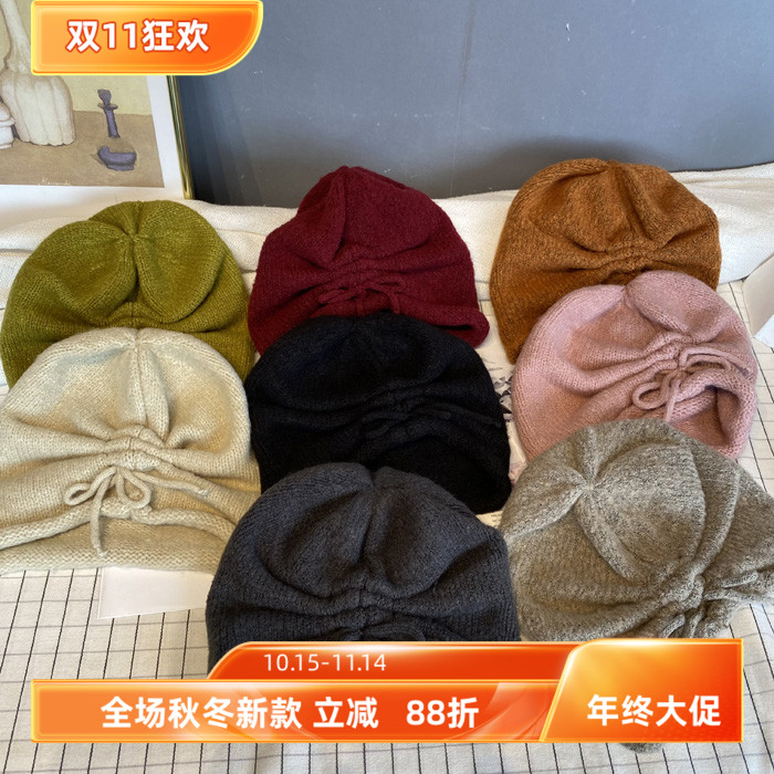 韩国代购系带蝴蝶结毛线堆堆帽女