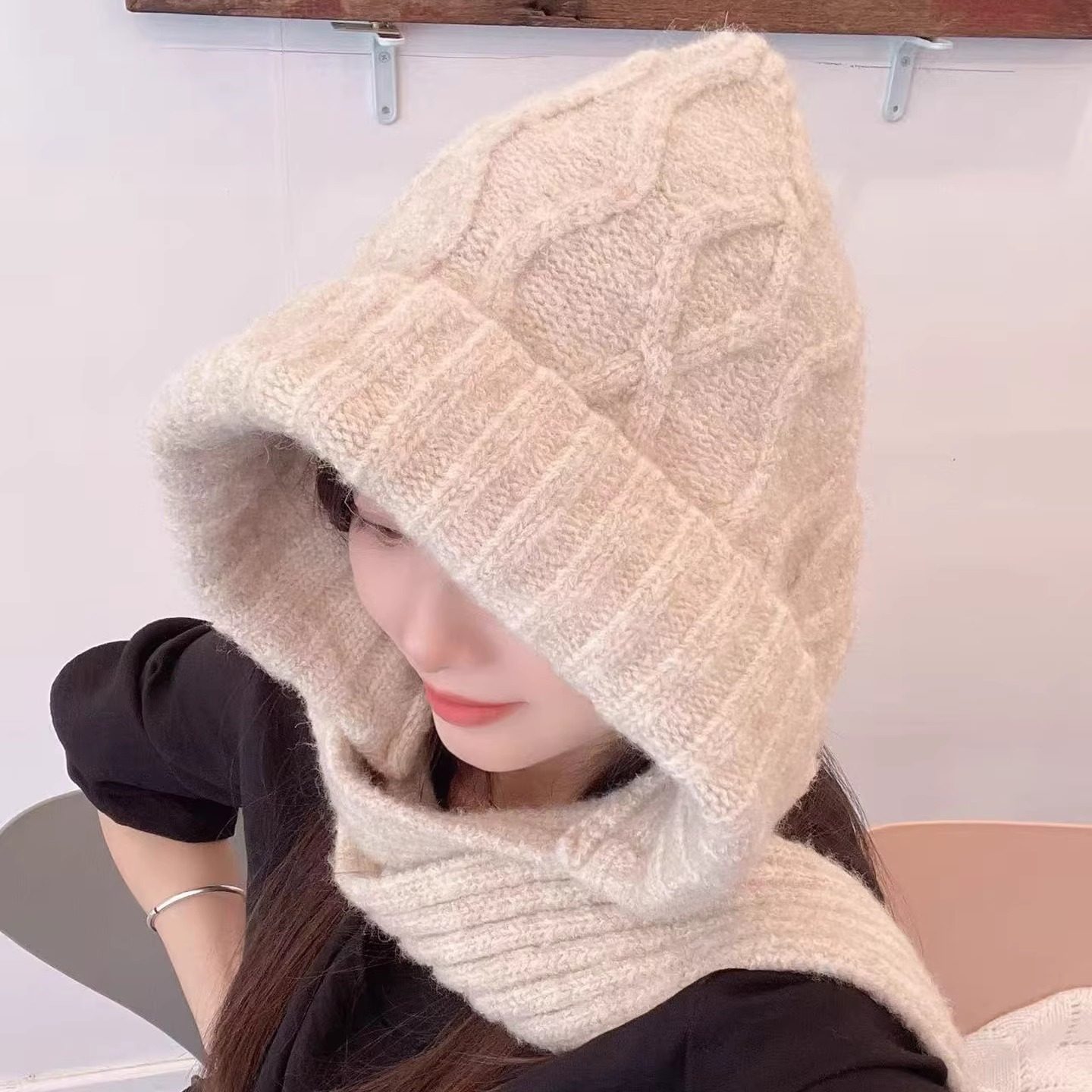 2.25现货复古麻花纹毛线帽羊毛巴拉克拉法帽子女秋冬保暖韩国代购